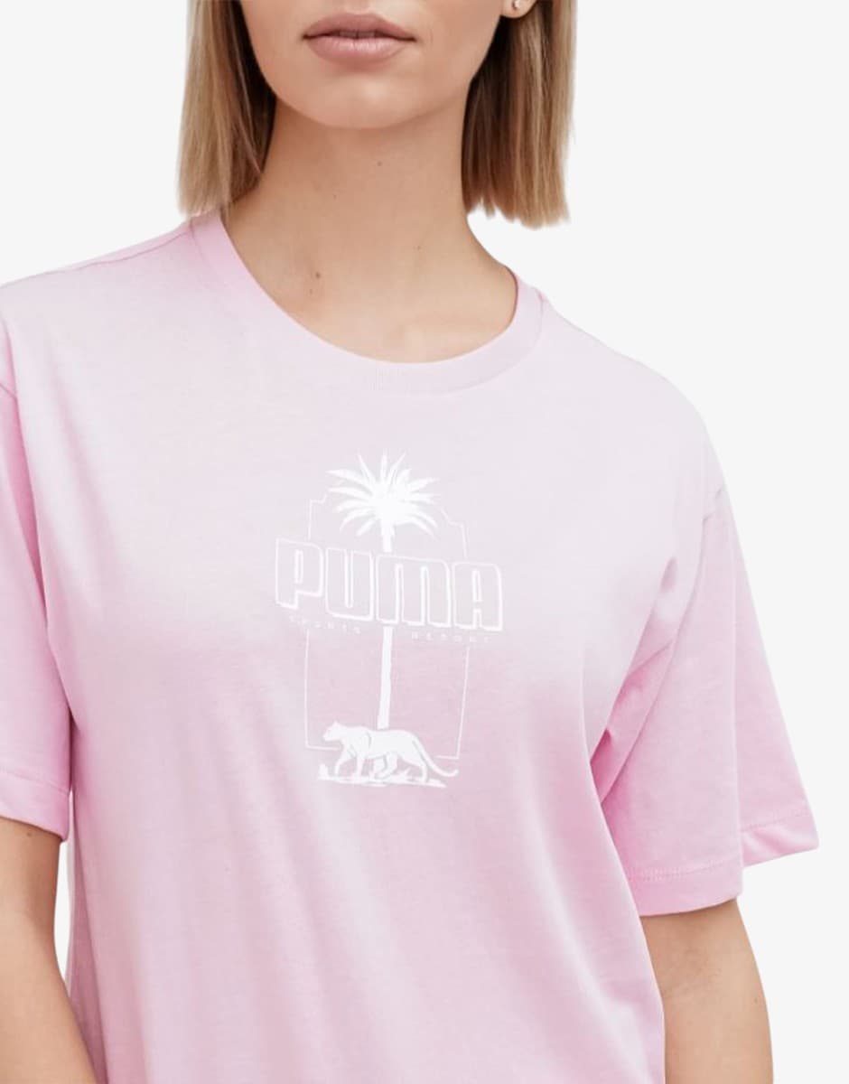 PUMA Ess Palm Resort Graphic Tee Pink — снимка 4